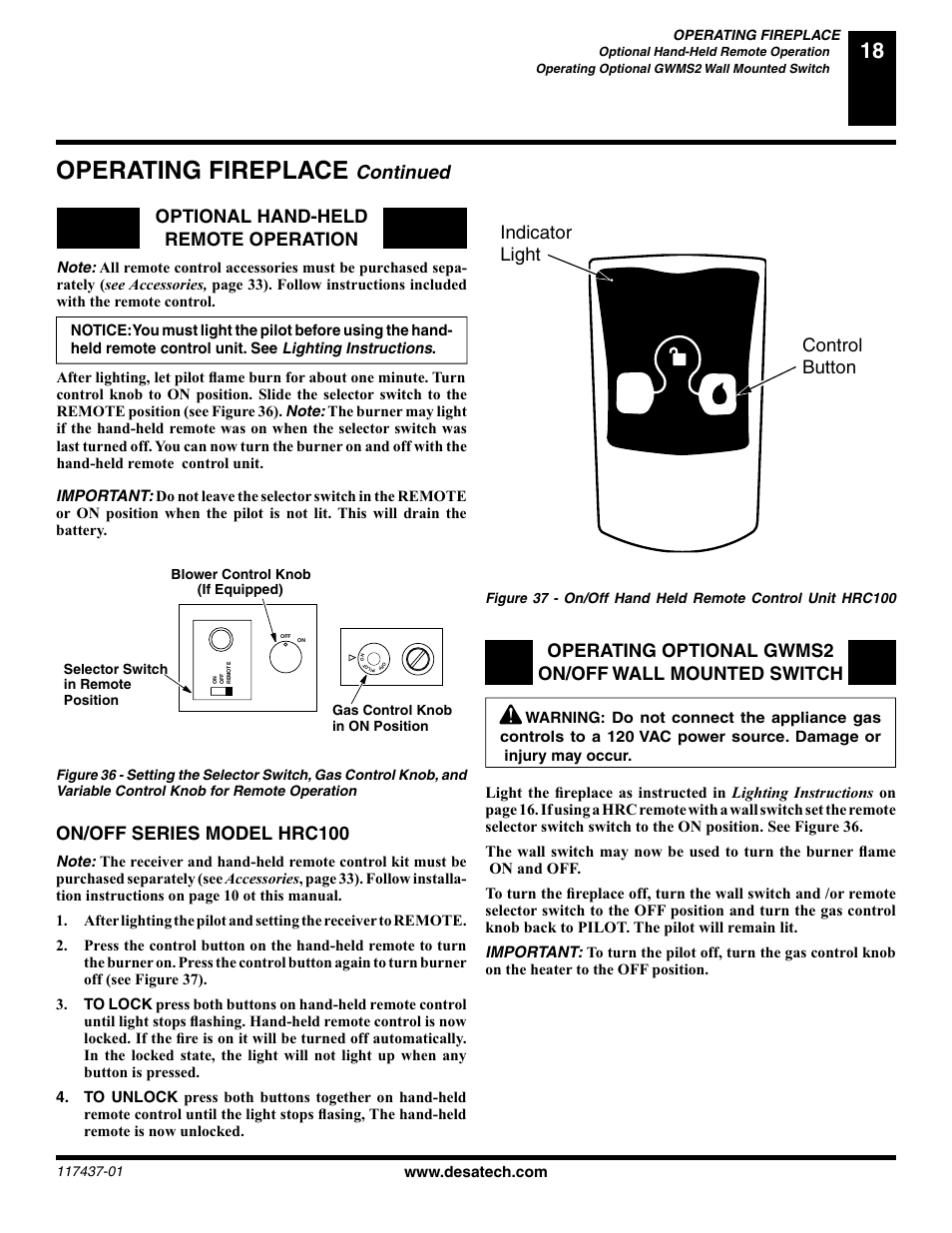 Operating fireplace, Continued, On/off series model hrc100 | Optional hand-held remote operation, Indicator light control button | Desa (V) CB36(N User Manual | Page 19 / 40