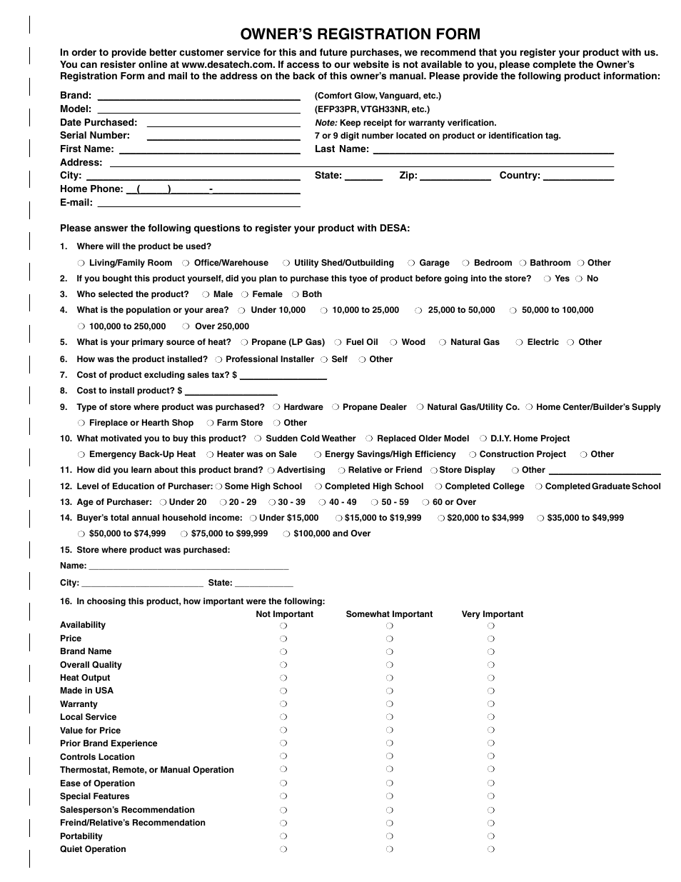 Owner’s registration form | Desa (V) CB36(N User Manual | Page 35 / 40