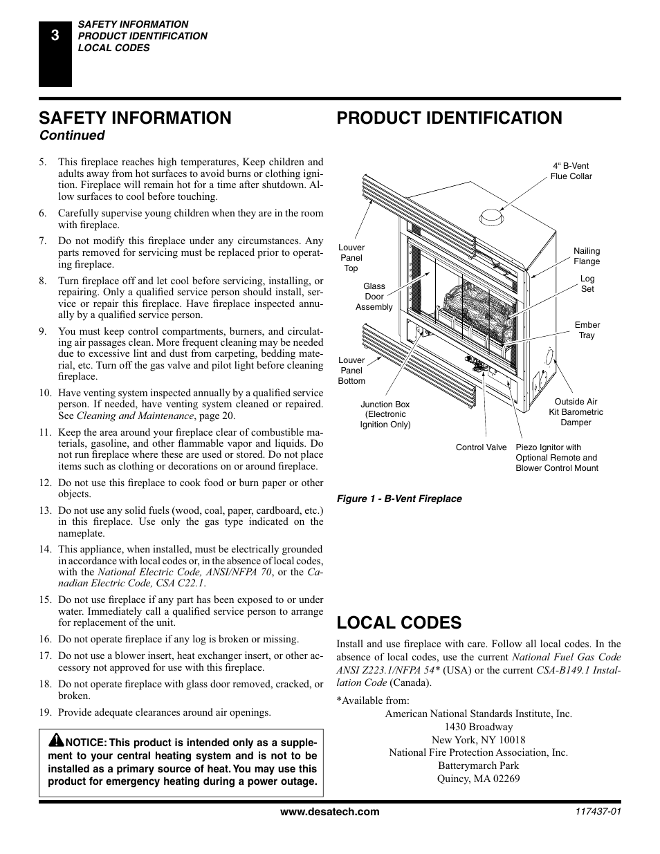 Safety information, Product identification local codes, Continued | Desa (V) CB36(N User Manual | Page 4 / 40