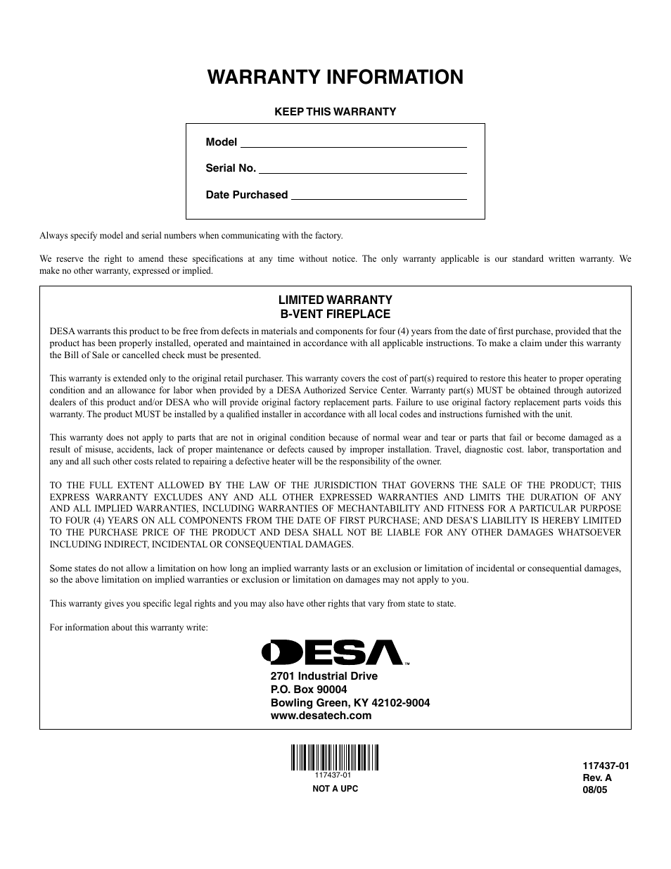 Warranty information | Desa (V) CB36(N User Manual | Page 40 / 40