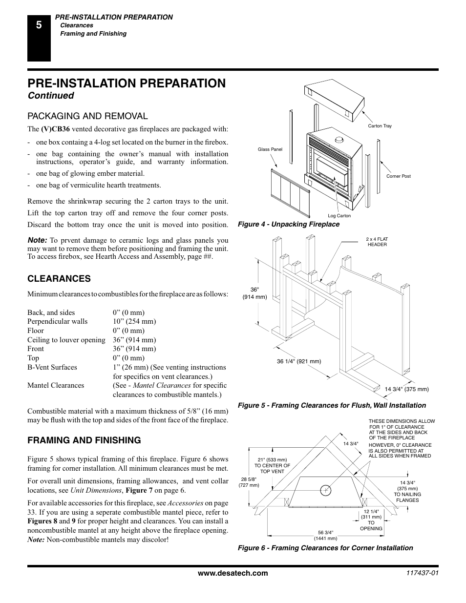 Pre-instalation preparation, Continued, Clearances | Packaging and removal, Framing and finishing | Desa (V) CB36(N User Manual | Page 6 / 40