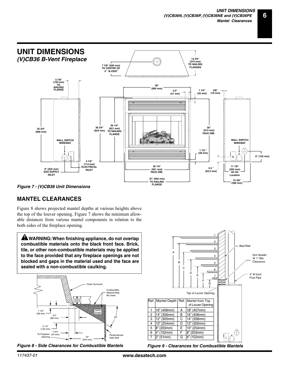 Unit dimensions, V)cb36 b-vent fireplace, Mantel clearances | Figure 9 - clearances for combustible mantels | Desa (V) CB36(N User Manual | Page 7 / 40