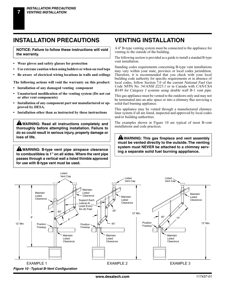 Venting installation, Installation precautions | Desa (V) CB36(N User Manual | Page 8 / 40