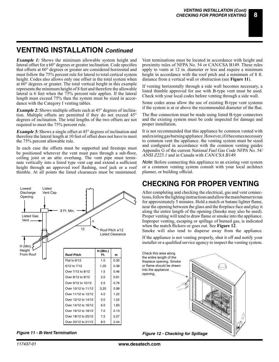 Venting installation, Checking for proper venting, Continued | Desa (V) CB36(N User Manual | Page 9 / 40
