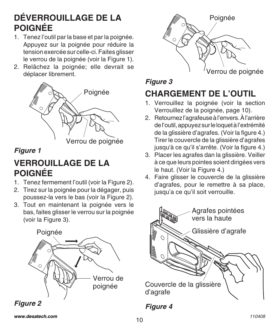 Déverrouillage de la poignée, Verrouillage de la poignée, Chargement de l’outil | Desa 31400 User Manual | Page 10 / 12