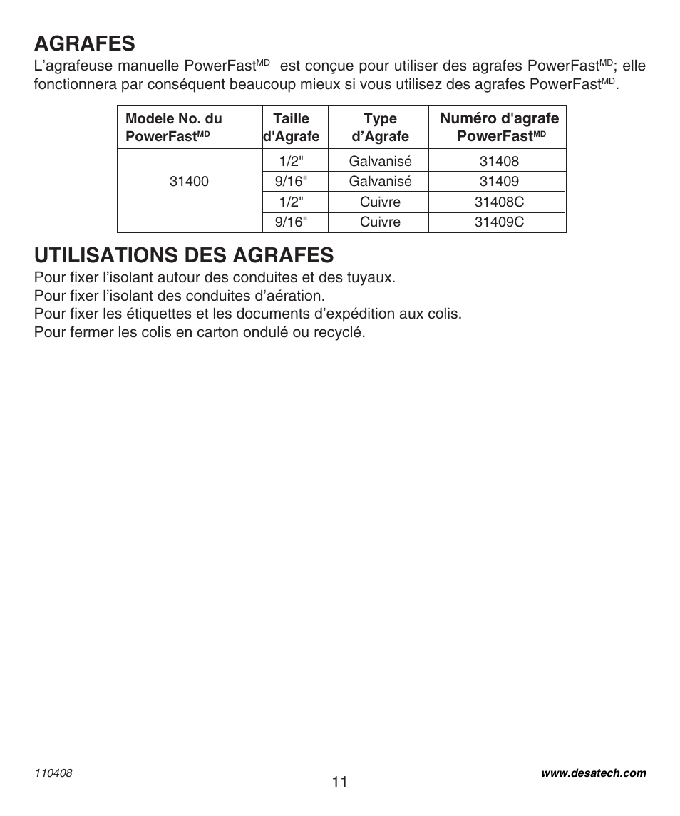 Utilisations des agrafes, Agrafes | Desa 31400 User Manual | Page 11 / 12