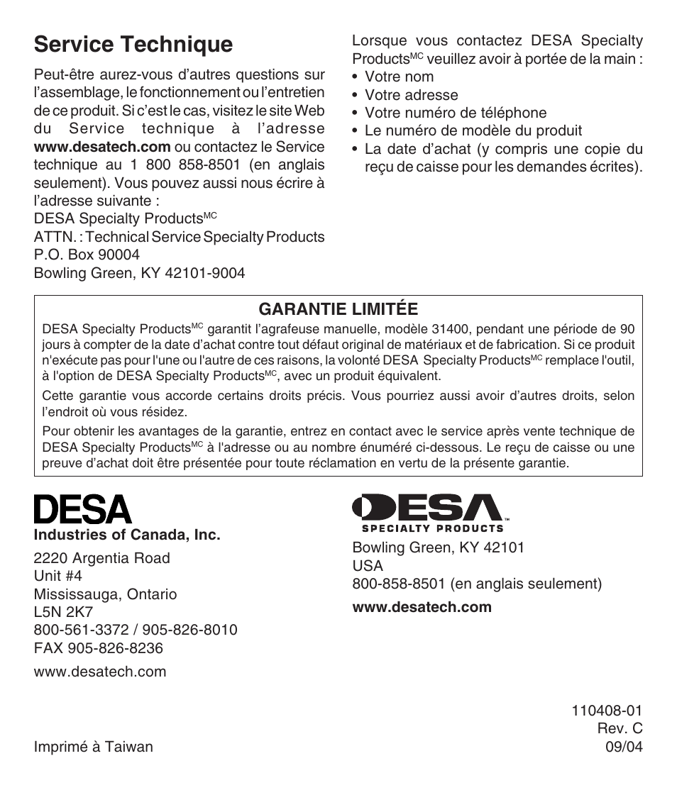 Service technique, Garantie limitée | Desa 31400 User Manual | Page 12 / 12