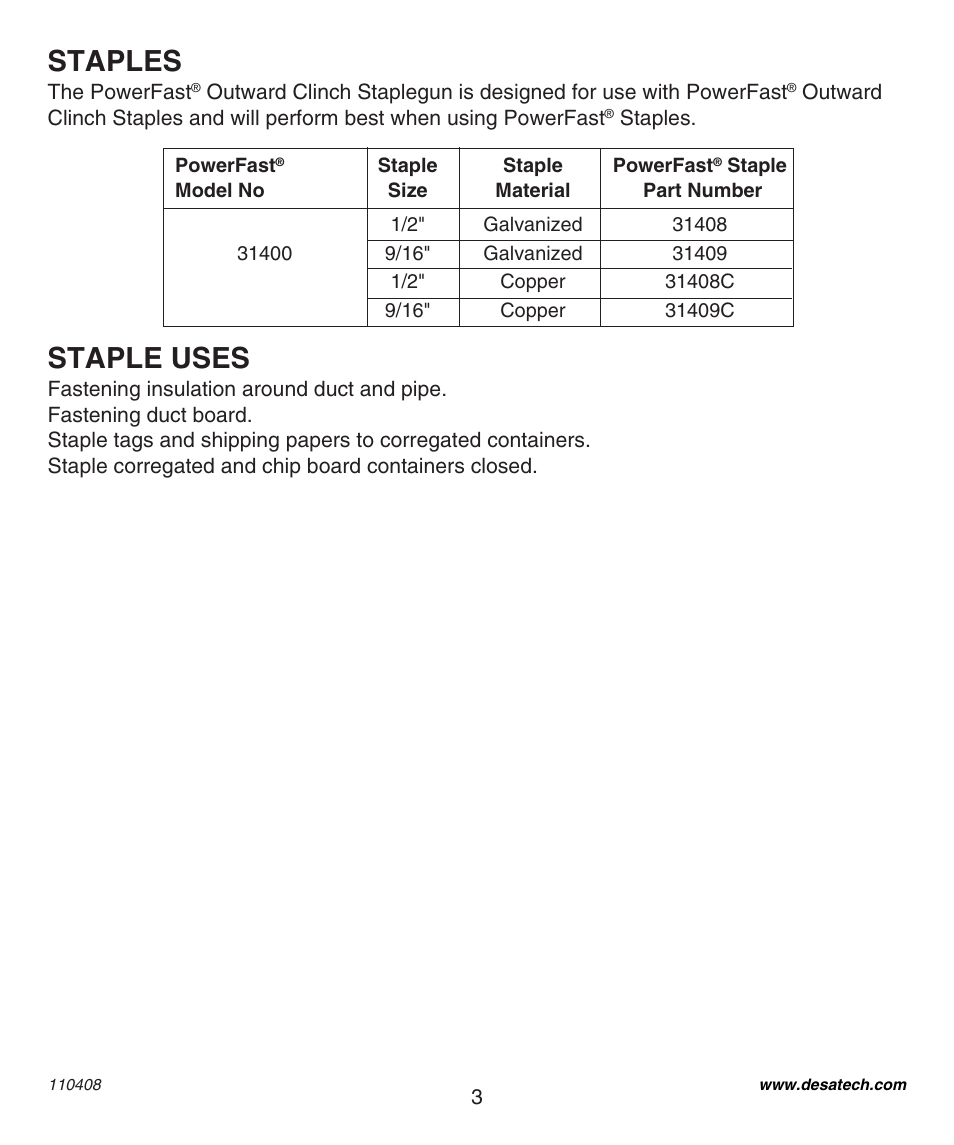 Staple uses, Staples | Desa 31400 User Manual | Page 3 / 12