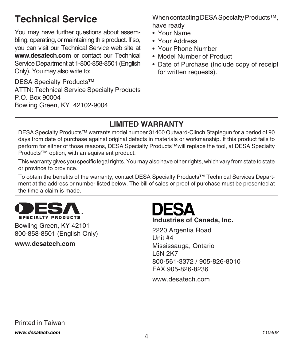 Technical service | Desa 31400 User Manual | Page 4 / 12