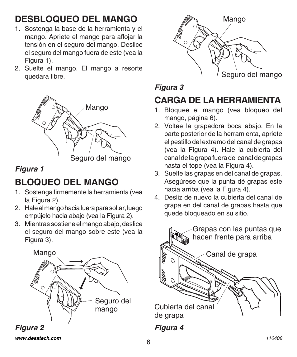 Desbloqueo del mango, Bloqueo del mango, Carga de la herramienta | Desa 31400 User Manual | Page 6 / 12