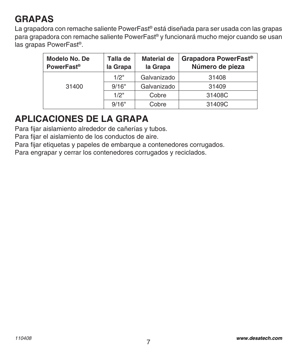 Aplicaciones de la grapa, Grapas | Desa 31400 User Manual | Page 7 / 12