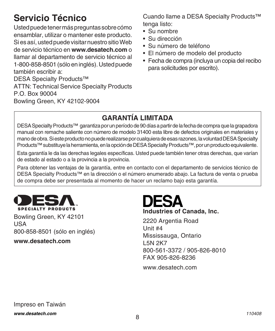 Servicio técnico | Desa 31400 User Manual | Page 8 / 12
