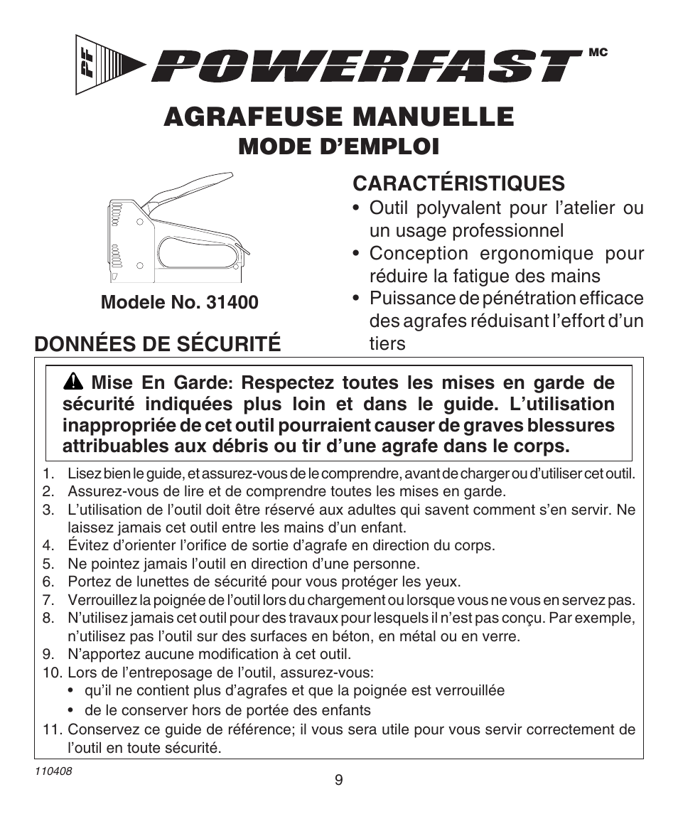 Agrafeuse manuelle, Mode d’emploi, Caractéristiques | Données de sécurité | Desa 31400 User Manual | Page 9 / 12