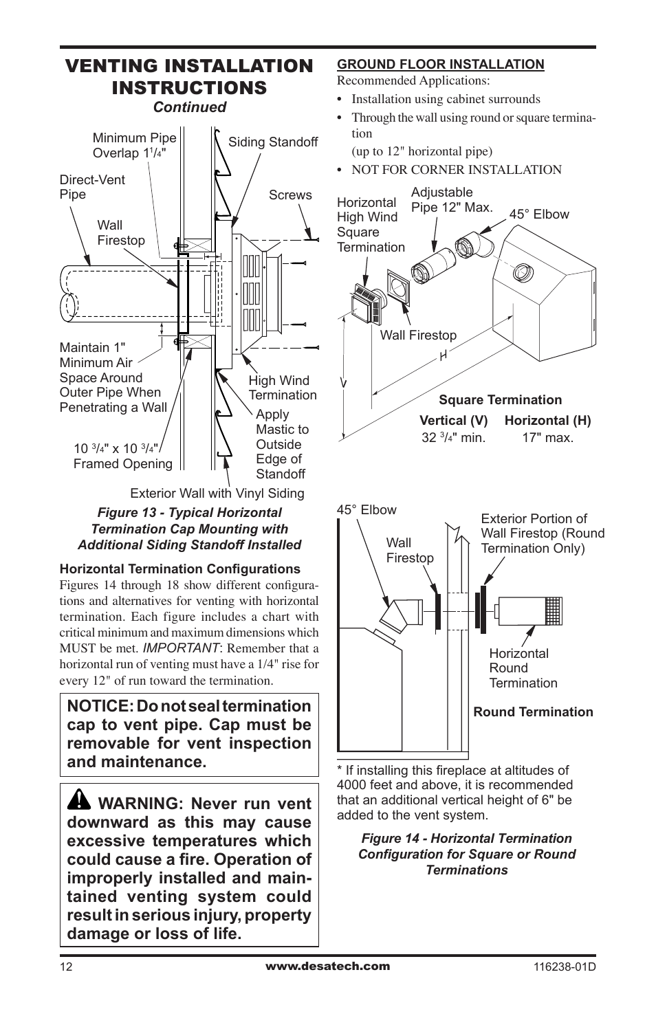 Venting installation instructions | Desa (V)KC36NE User Manual | Page 12 / 40