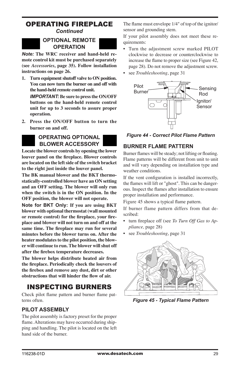 Inspecting burners, Operating fireplace | Desa (V)KC36NE User Manual | Page 29 / 40