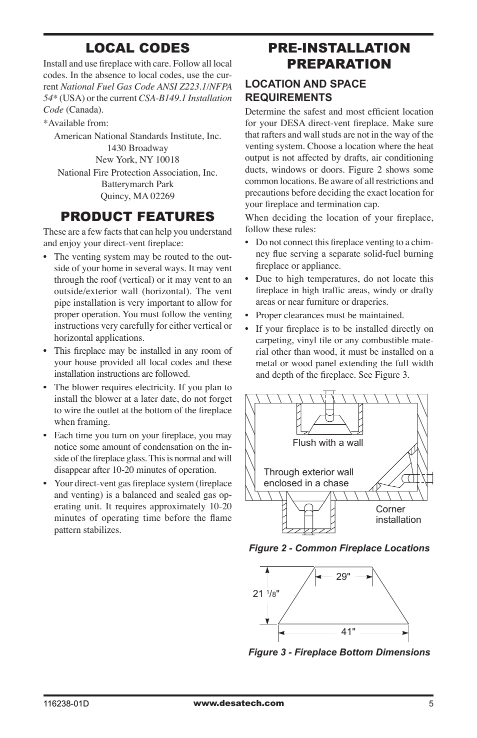 Local codes, Product features, Pre-installation preparation | Desa (V)KC36NE User Manual | Page 5 / 40