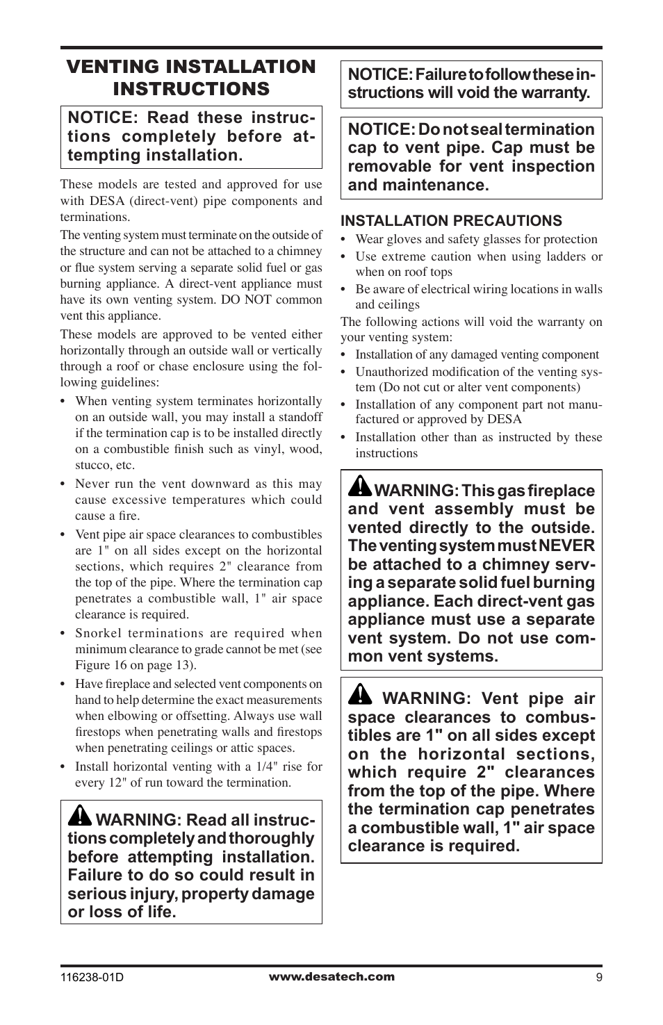 Venting installation instructions | Desa (V)KC36NE User Manual | Page 9 / 40