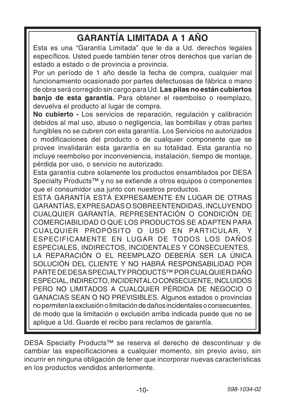 Garantía limitada a 1 año | Desa 598-1034-02 User Manual | Page 10 / 12