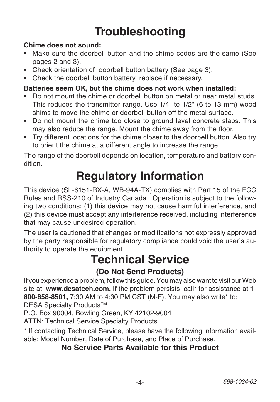 Troubleshooting, Regulatory information, Technical service | Desa 598-1034-02 User Manual | Page 4 / 12