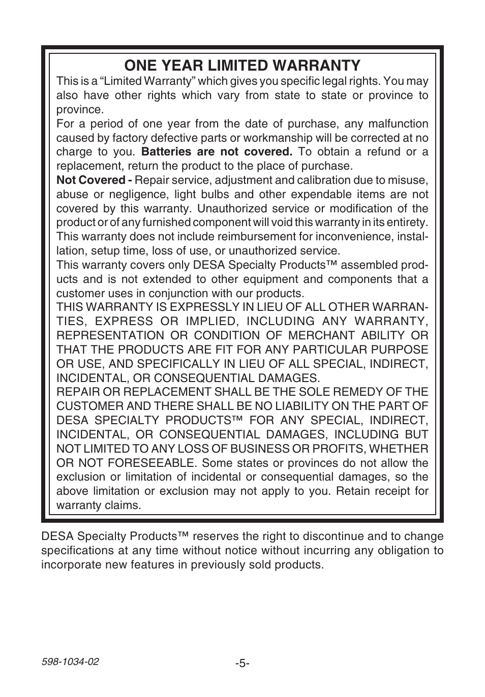 One year limited warranty | Desa 598-1034-02 User Manual | Page 5 / 12