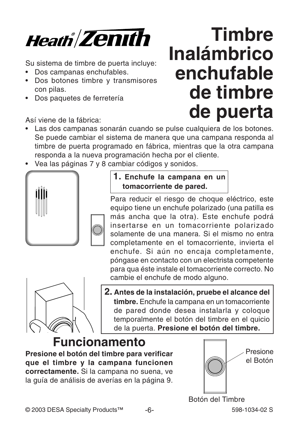 Timbre inalámbrico enchufable de timbre de puerta, Funcionamento | Desa 598-1034-02 User Manual | Page 6 / 12
