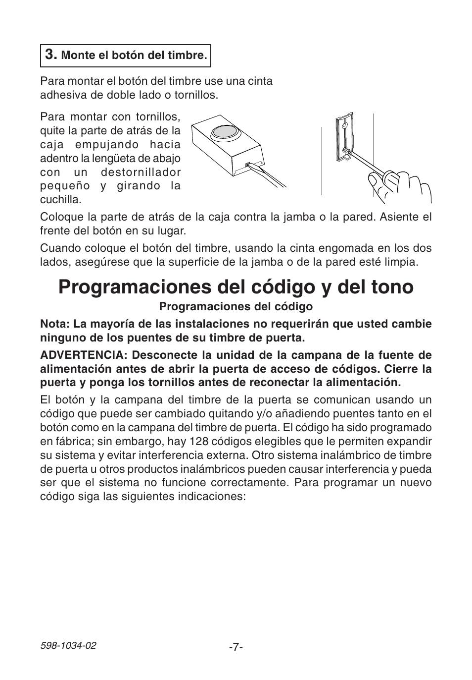 Programaciones del código y del tono | Desa 598-1034-02 User Manual | Page 7 / 12