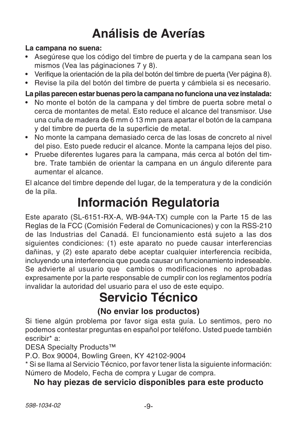 Análisis de averías, Información regulatoria, Servicio técnico | Desa 598-1034-02 User Manual | Page 9 / 12
