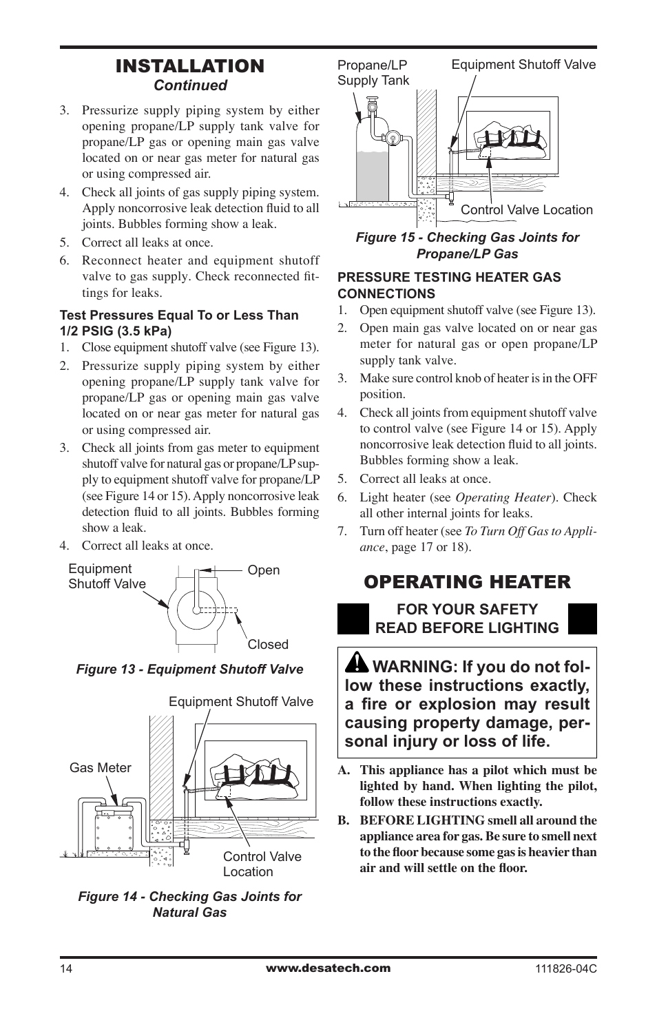 Operating heater, Installation | Desa VF-30N-PJD User Manual | Page 14 / 32