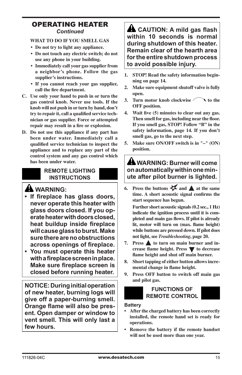 Operating heater | Desa VF-30N-PJD User Manual | Page 15 / 32
