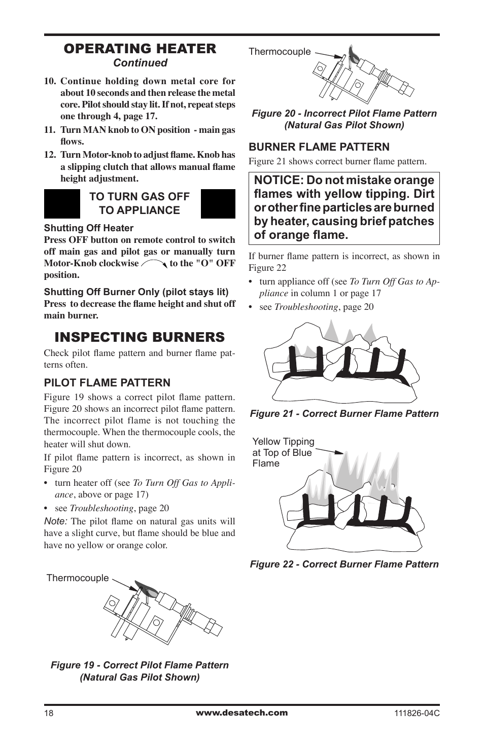 Inspecting burners, Operating heater | Desa VF-30N-PJD User Manual | Page 18 / 32