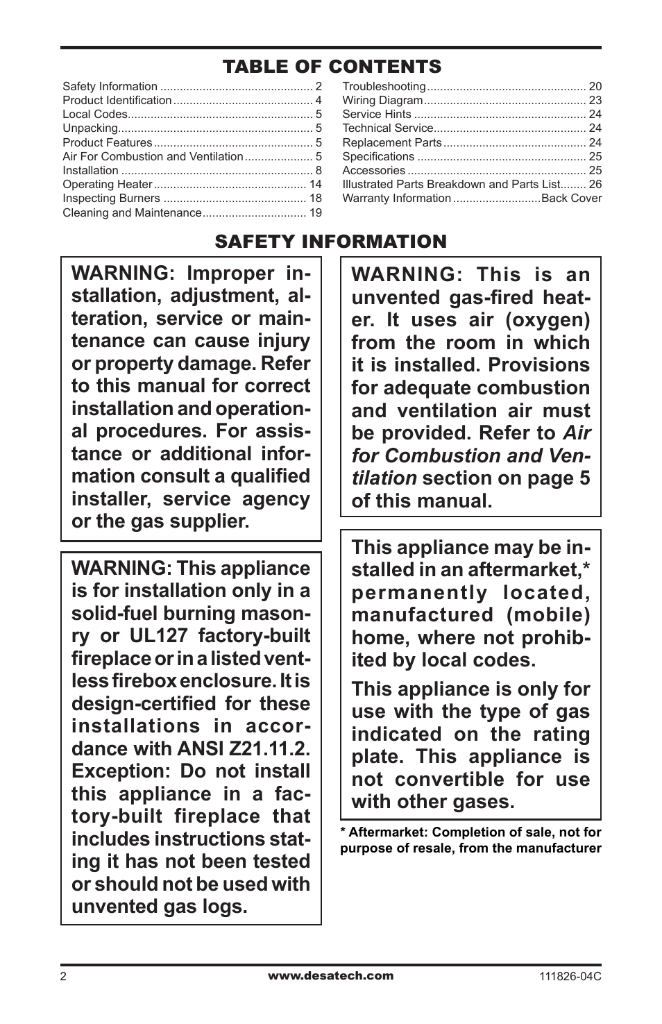 Safety information, Safety information table of contents | Desa VF-30N-PJD User Manual | Page 2 / 32