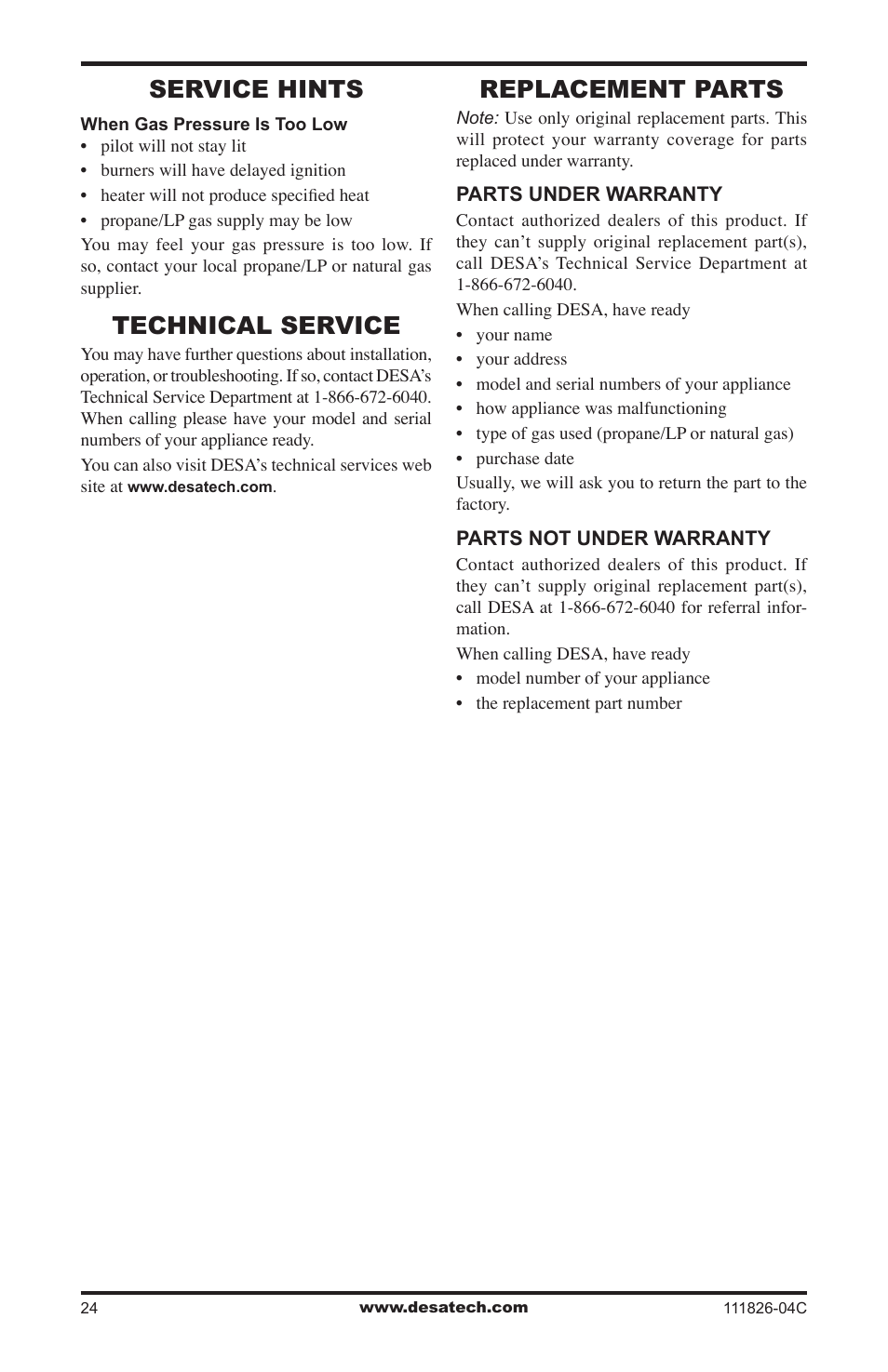 Service hints, Technical service, Replacement parts | Desa VF-30N-PJD User Manual | Page 24 / 32