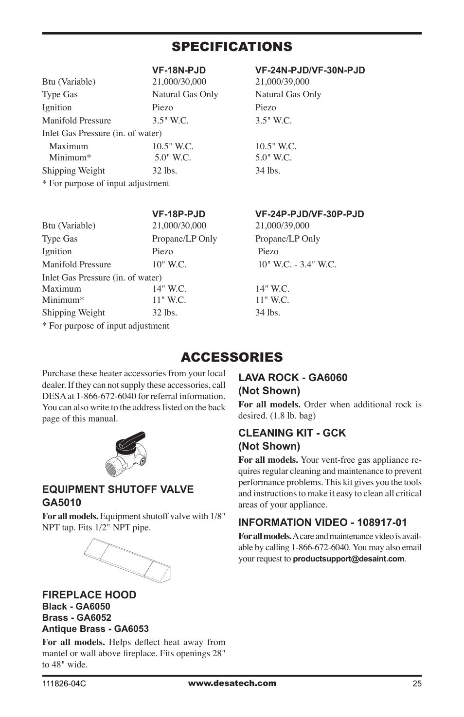 Specifications, Accessories, Specifications accessories | Desa VF-30N-PJD User Manual | Page 25 / 32