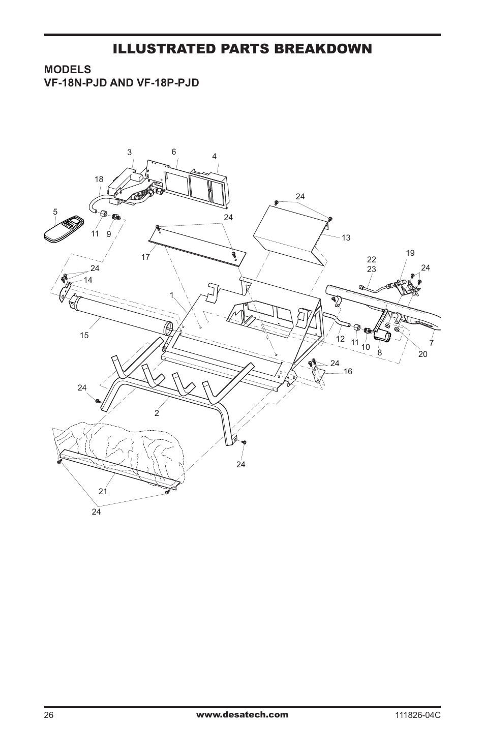Illustrated parts breakdown and parts list, Illustrated parts breakdown, Models vf-18n-pjd and vf-18p-pjd | Desa VF-30N-PJD User Manual | Page 26 / 32
