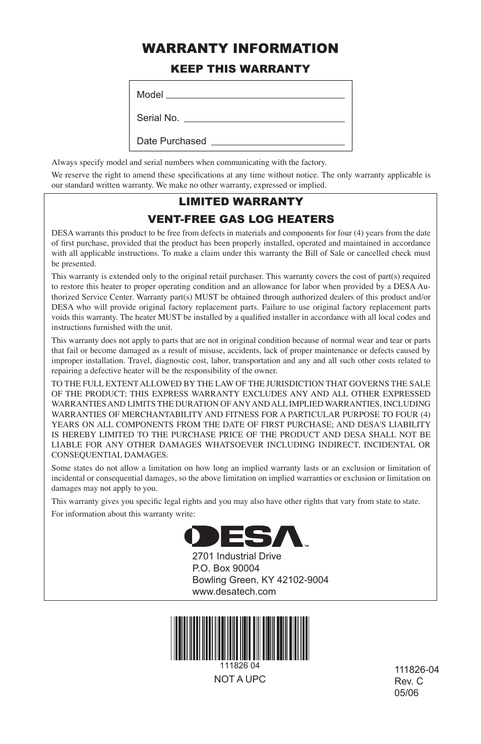 Warranty information, Keep this warranty, Limited warranty vent-free gas log heaters | Desa VF-30N-PJD User Manual | Page 32 / 32