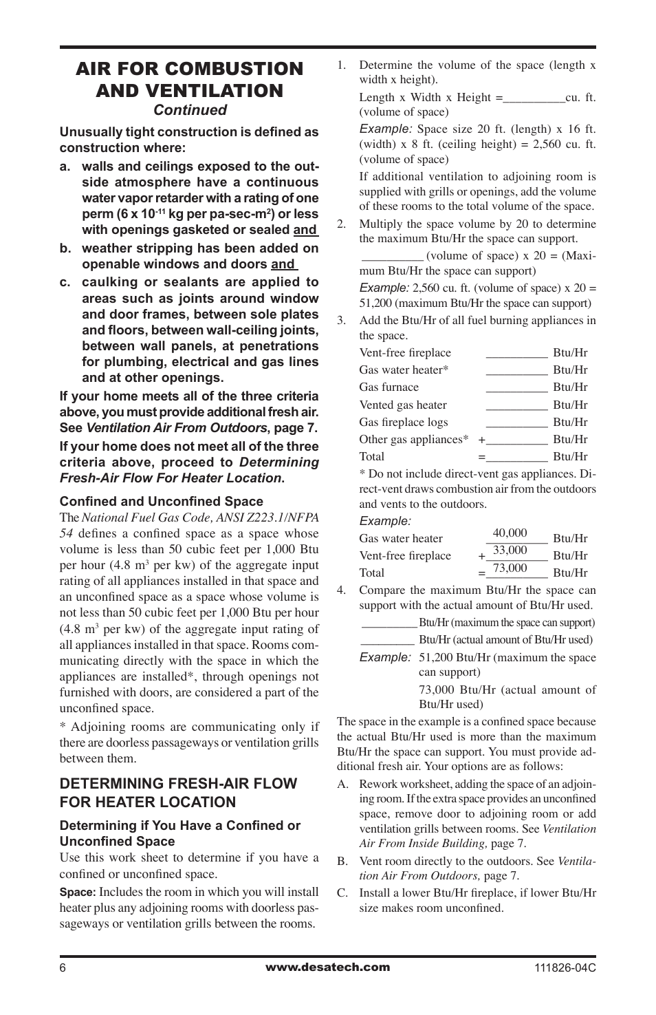 Air for combustion and ventilation | Desa VF-30N-PJD User Manual | Page 6 / 32