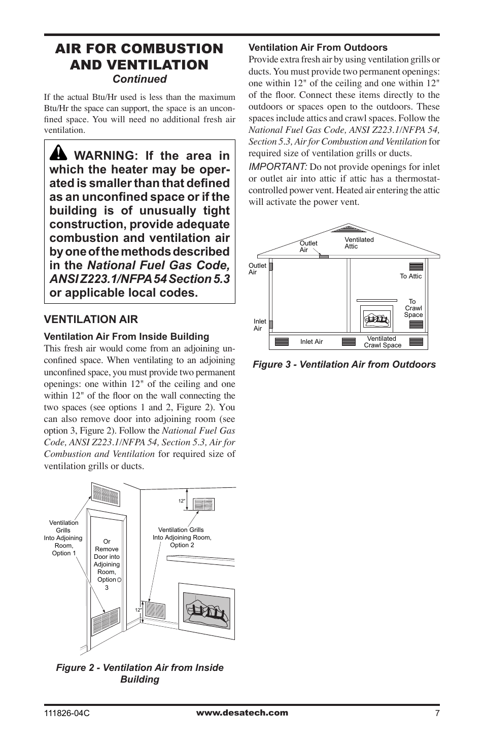 Air for combustion and ventilation, Continued, Ventilation air | Desa VF-30N-PJD User Manual | Page 7 / 32