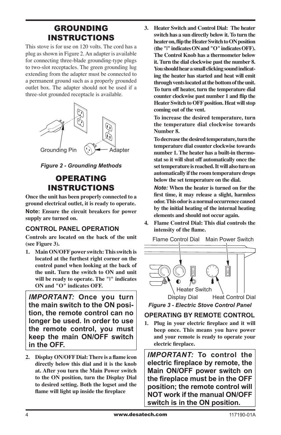 Grounding instructions, Operating instructions | Desa CGESBL User Manual | Page 4 / 12