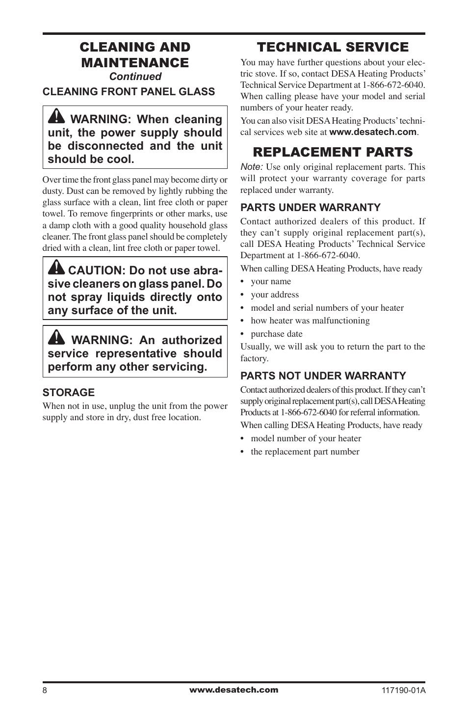Technical service, Replacement parts, Cleaning and maintenance | Desa CGESBL User Manual | Page 8 / 12
