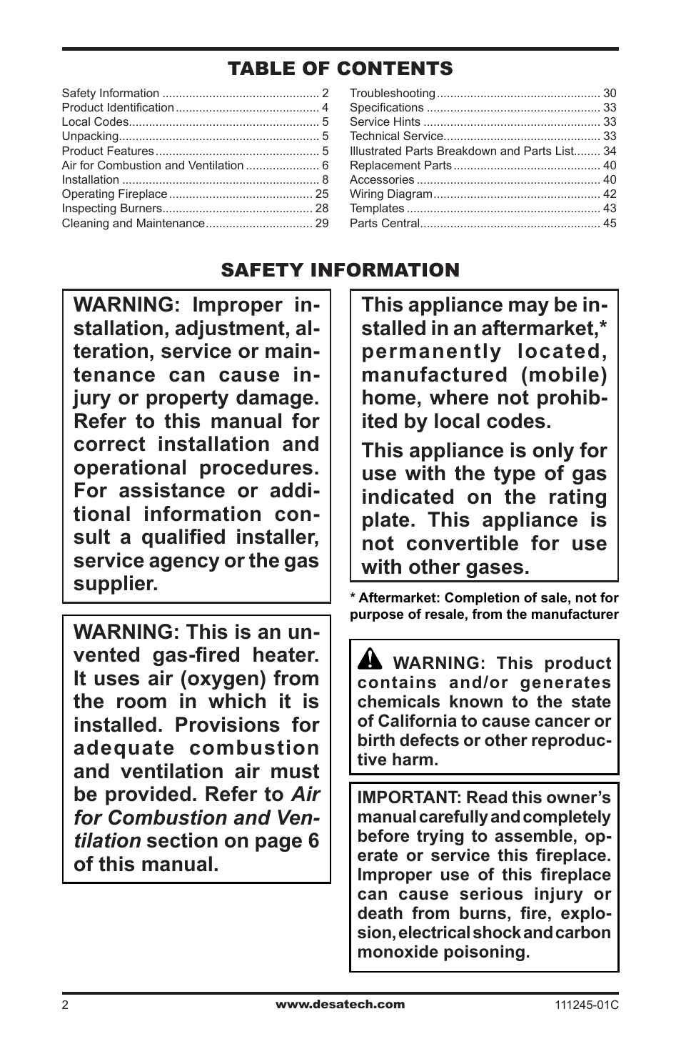 Safety information | Desa CGEFP33PRB User Manual | Page 2 / 48