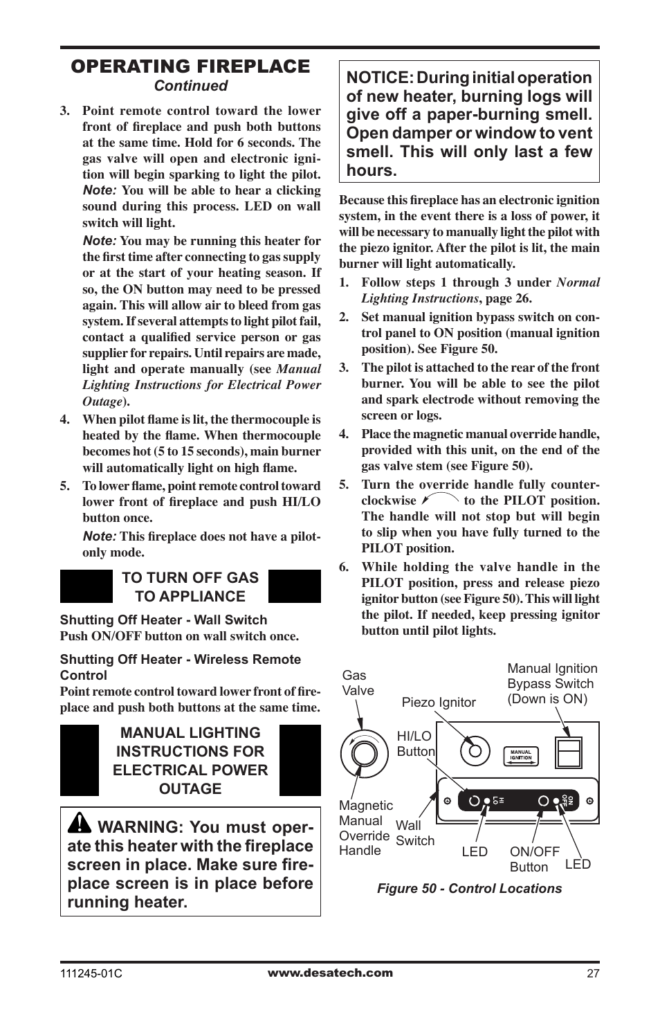 Operating fireplace | Desa CGEFP33PRB User Manual | Page 27 / 48
