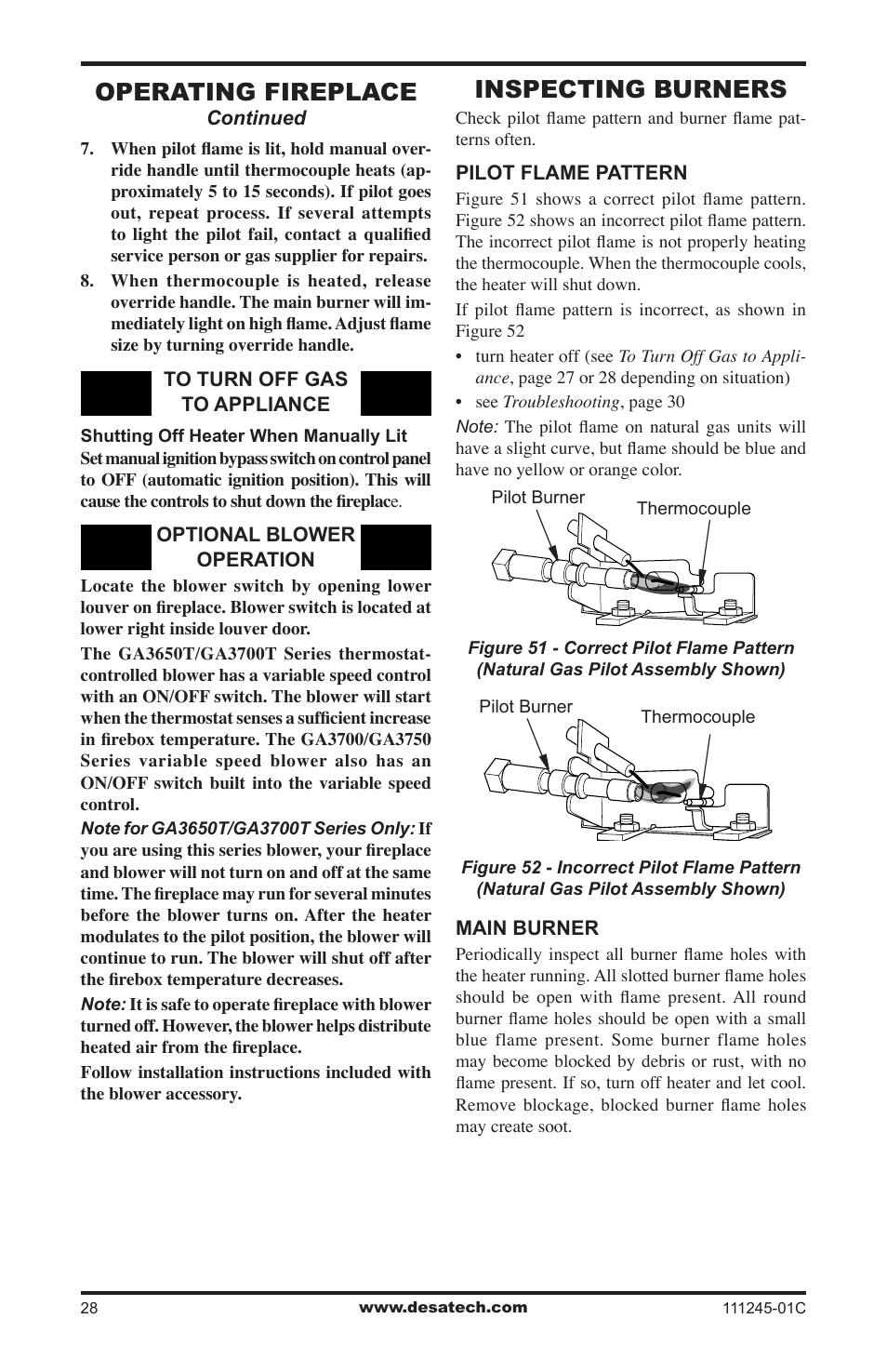 Inspecting burners, Operating fireplace | Desa CGEFP33PRB User Manual | Page 28 / 48