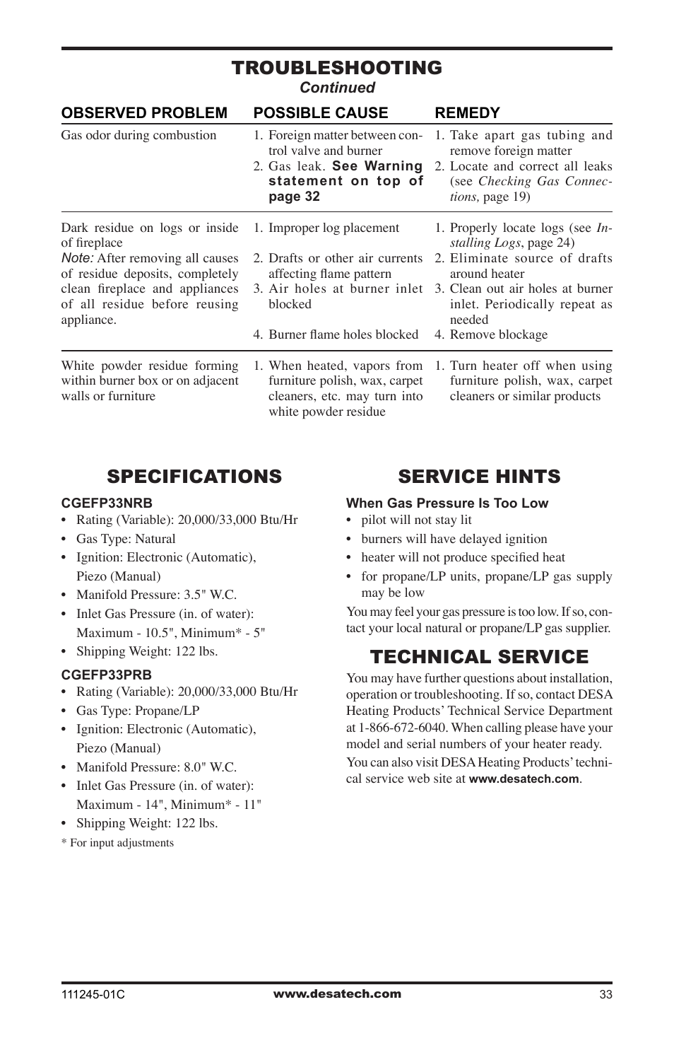 Specifications, Service hints, Technical service | Troubleshooting | Desa CGEFP33PRB User Manual | Page 33 / 48