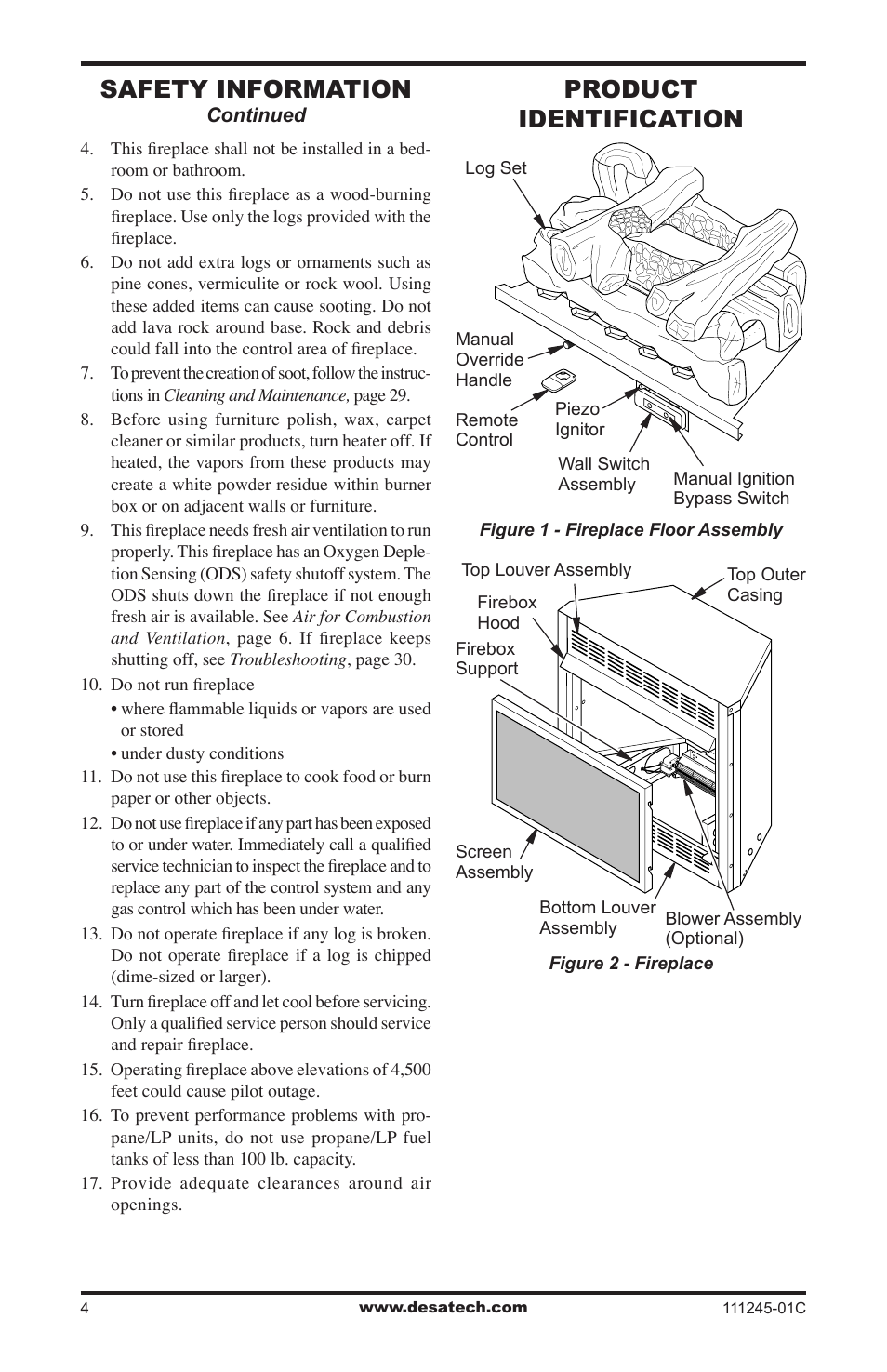 Product identification, Safety information | Desa CGEFP33PRB User Manual | Page 4 / 48