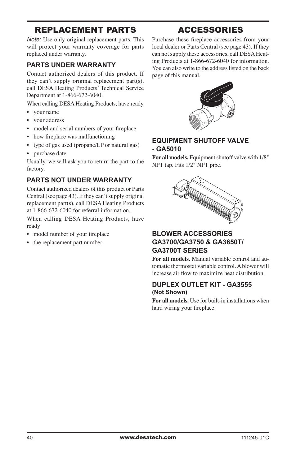 Replacement parts, Accessories | Desa CGEFP33PRB User Manual | Page 40 / 48