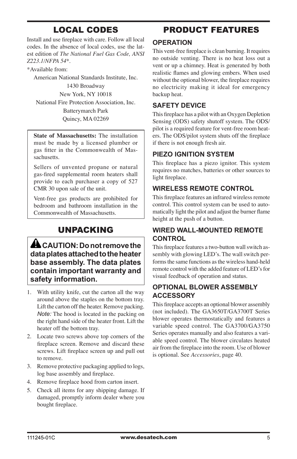 Local codes, Unpacking, Product features | Desa CGEFP33PRB User Manual | Page 5 / 48