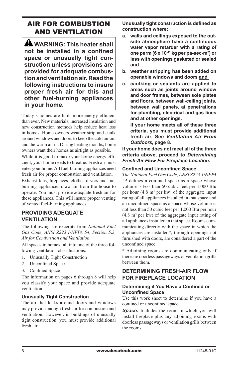 Air for combustion and ventilation | Desa CGEFP33PRB User Manual | Page 6 / 48