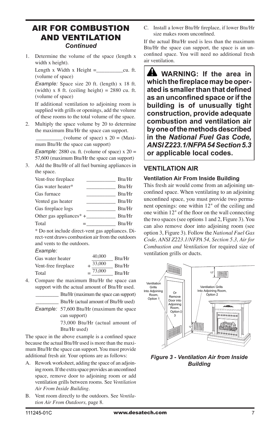 Air for combustion and ventilation | Desa CGEFP33PRB User Manual | Page 7 / 48