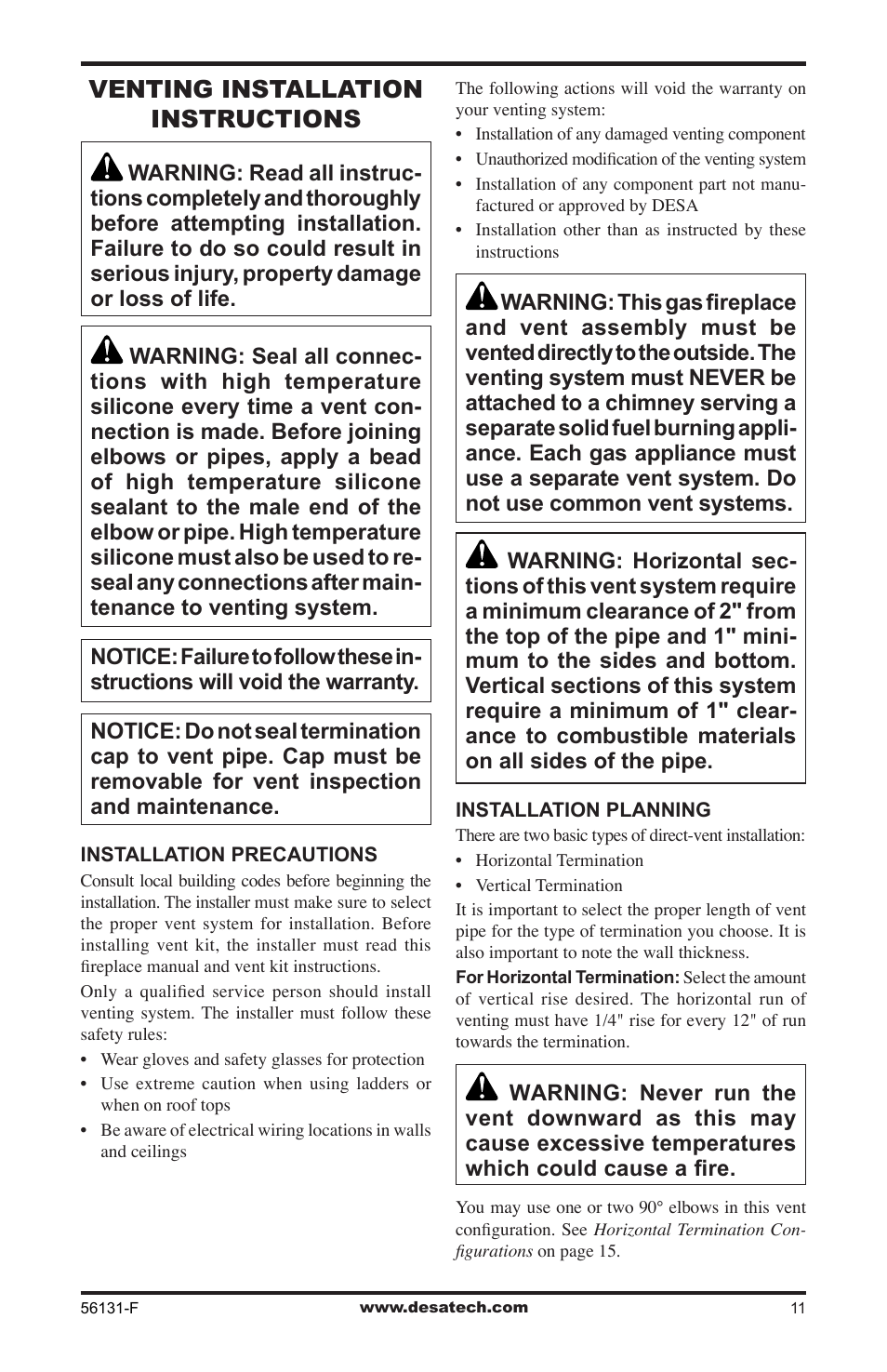 Venting installation instructions | Desa (V)DVF36 User Manual | Page 11 / 36