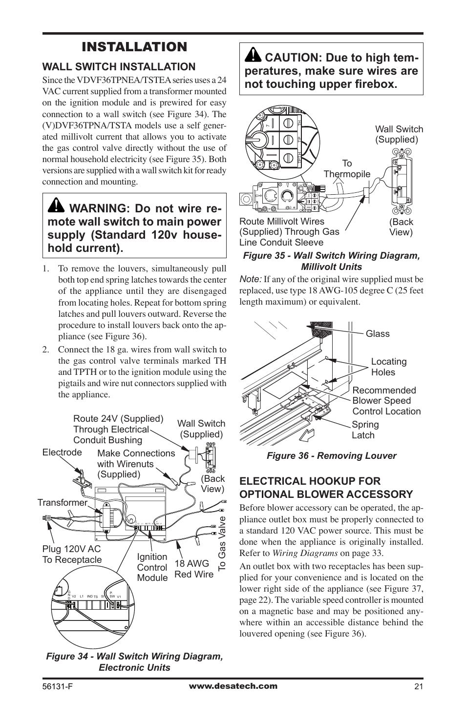 Installation, Wall switch installation, Electrical hookup for optional blower accessory | Desa (V)DVF36 User Manual | Page 21 / 36
